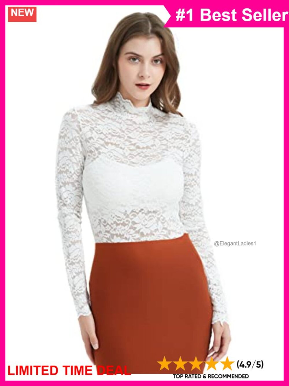Elegant Floral Lace Mock Neck Long Sleeve Blouse
